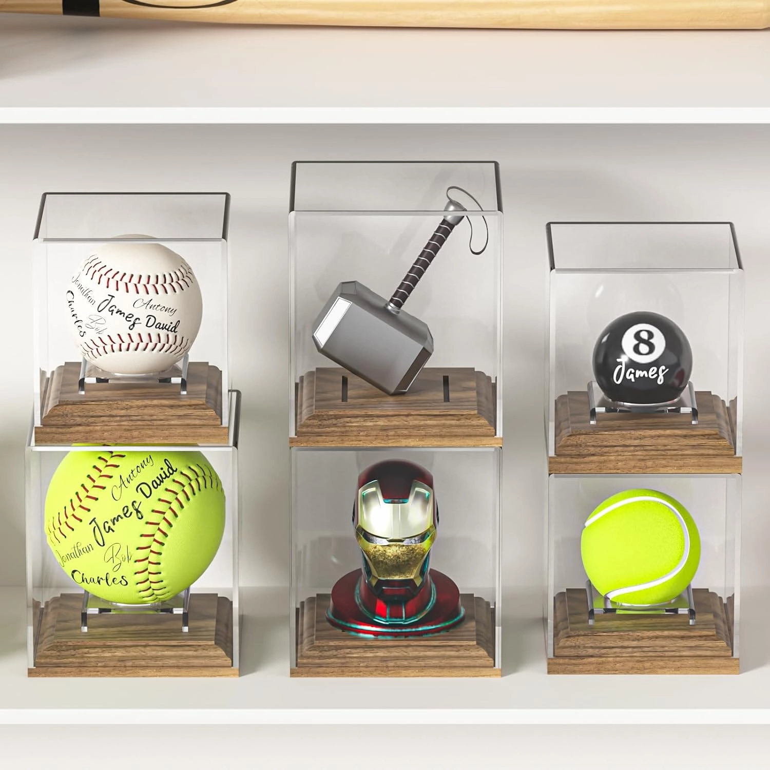 Baseball Case Display for Balls Walnut Wood Base Acrylic Baseball Display Case Baseball Holder Stand Cube Memorabilia Showcase Autograph Ball Protector for Official Size Ball Display