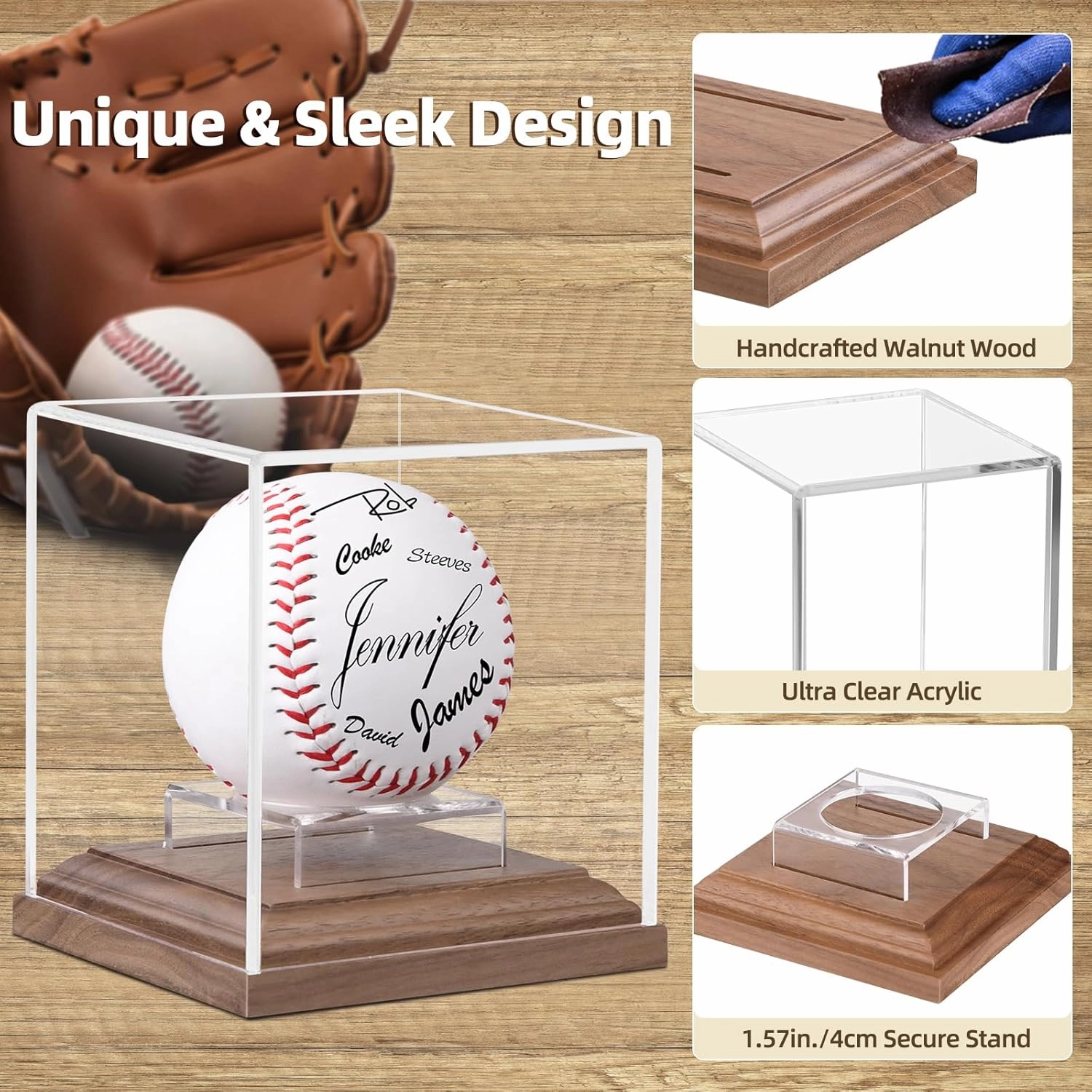 Baseball Display Case Walnut Wood Base Acrylic Baseball Case Display for Balls Uv Protection Baseball Holder Cube Box Stand Memorabilia Autograph Ball, Ideal Gift for Official Size Ball Display