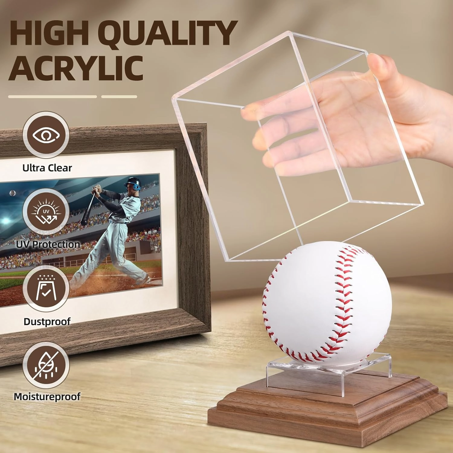 Baseball Display Case Walnut Wood Base Acrylic Baseball Case Display for Balls Uv Protection Baseball Holder Cube Box Stand Memorabilia Autograph Ball, Ideal Gift for Official Size Ball Display