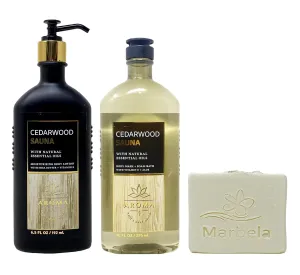Bath & Body Works Aroma Cedarwood Sauna Body Lotion and Body Wash   Foam Bath Set with a Natural Oats Bar Soap - Full Size
