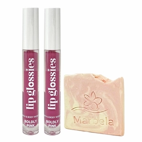 Bath & Body Works 2 Pack Lip Glossies Set - Boldly Pink - with a Himalayan Salts Springs Sample Soap
