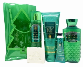 Bath & Body Works Vanilla Bean Noel Gift Bag Set - Fine Fragrance Mist, Body Cream, Body Wash and Hand Cream With a Natural Oats Sample Soap.