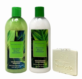 Bath & Body Works Waikiki Beach Coconut Shampoo and Conditioner Gift Set with a Natural Oats Sample Soap