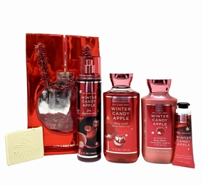 Bath & Body Works Winter Candy Apple Deluxe Gift Bag Set - Fragrance Mist - Body Wash - Body Lotion and Hand Cream - with a Natural Oats Sample Soap