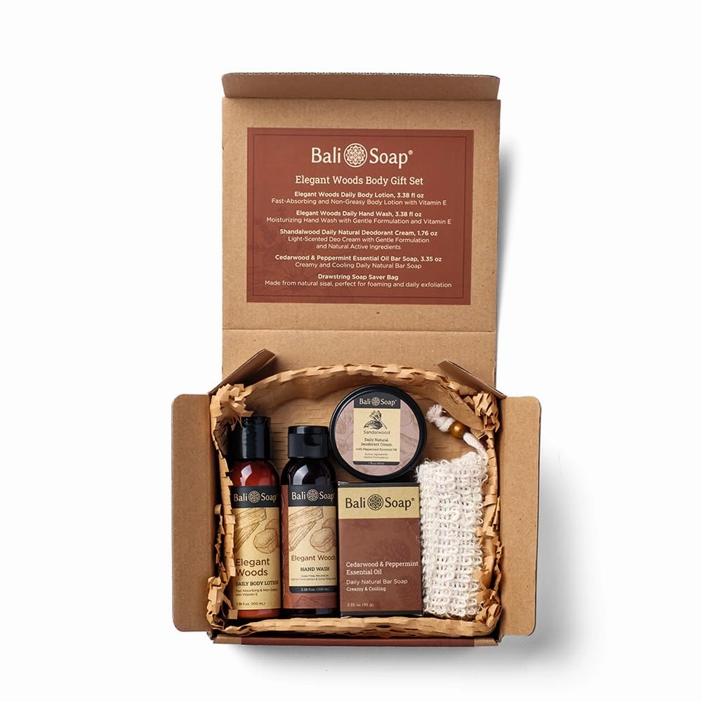 Bath and Body Works for Men - Handmade by Bali Soap - Elegant Woods, Mix 5 pcs Gift Box (Natural Soap, Hand Wash, Body Lotion, Deodorant Cream & Sissal Bag