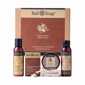 Bath and Body Works for Men - Handmade by Bali Soap - Elegant Woods, Mix 5 pcs Gift Box (Natural Soap, Hand Wash, Body Lotion, Deodorant Cream & Sissal Bag