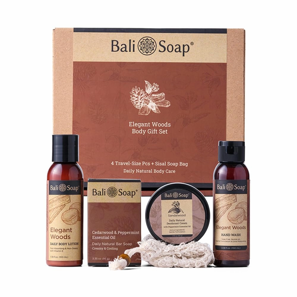 Bath and Body Works for Men - Handmade by Bali Soap - Elegant Woods, Mix 5 pcs Gift Box (Natural Soap, Hand Wash, Body Lotion, Deodorant Cream & Sissal Bag