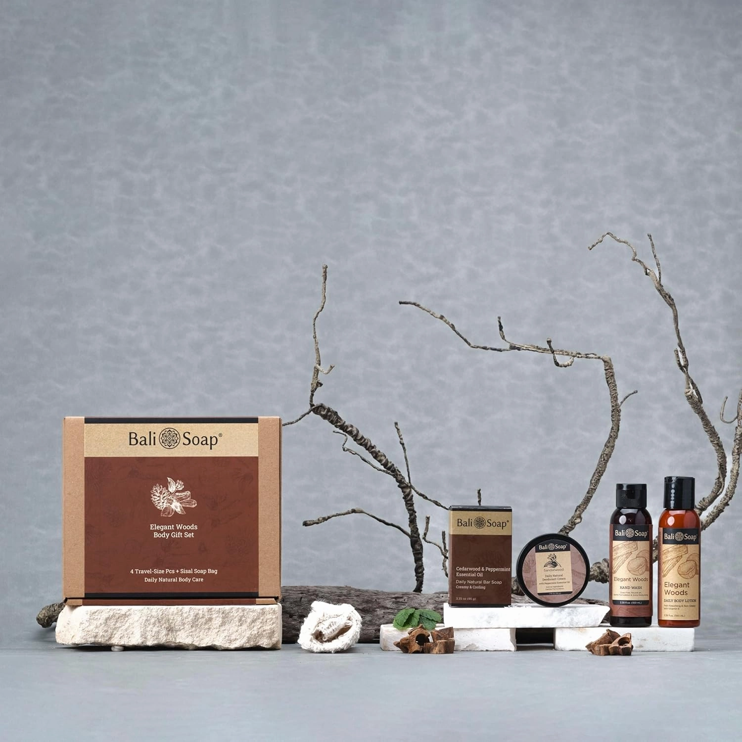 Bath and Body Works for Men - Handmade by Bali Soap - Elegant Woods, Mix 5 pcs Gift Box (Natural Soap, Hand Wash, Body Lotion, Deodorant Cream & Sissal Bag