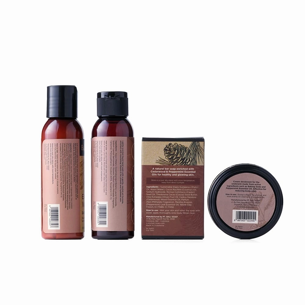 Bath and Body Works for Men - Handmade by Bali Soap - Elegant Woods, Mix 5 pcs Gift Box (Natural Soap, Hand Wash, Body Lotion, Deodorant Cream & Sissal Bag