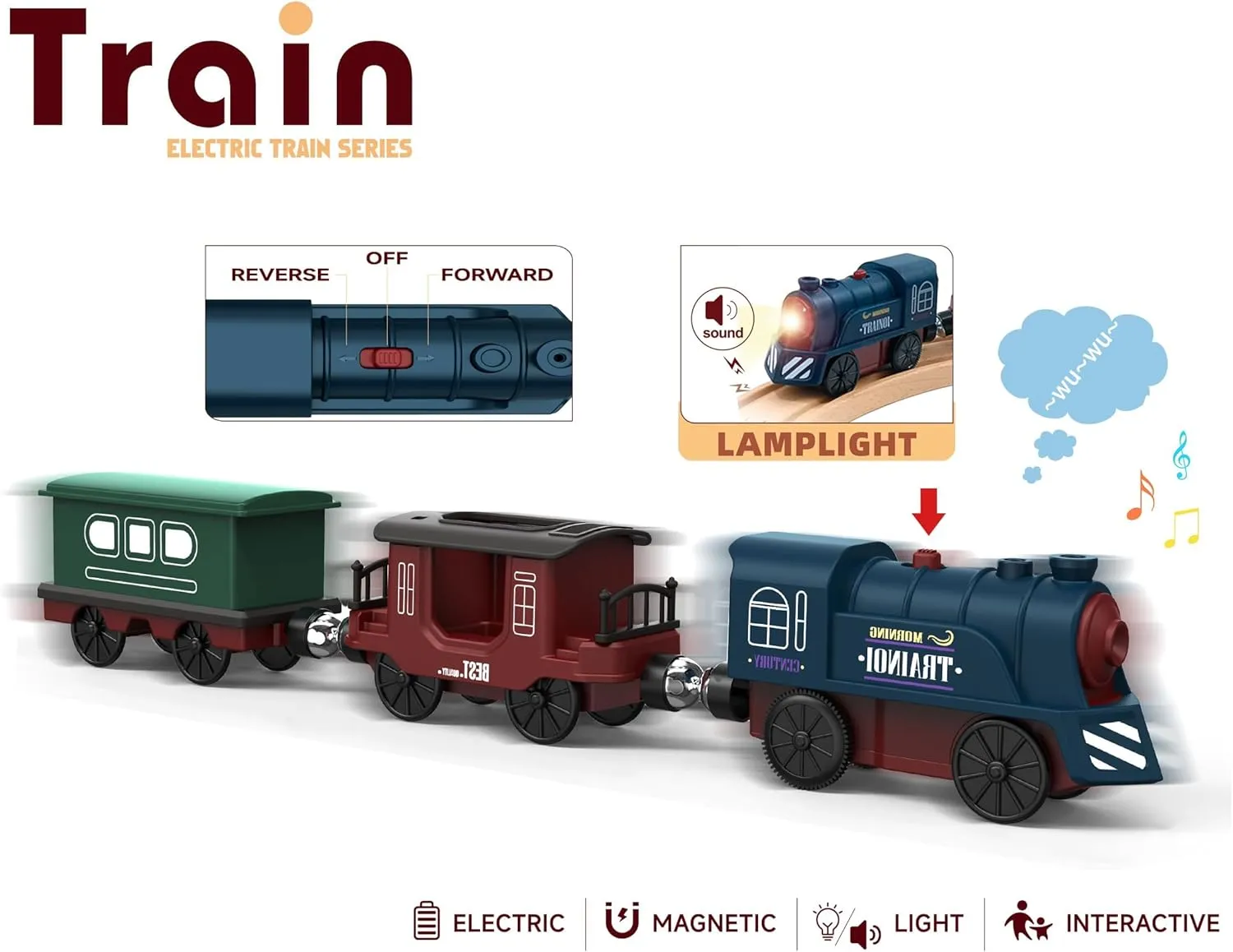 Battery Operated Train for Wooden Track, 3Pcs Motorized Train Toy for 3 4 5 Years Old Boy Girl Toddlers, Electric Trains Compatible with Thomas & Friends, Brio and Chuggington