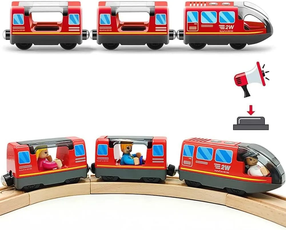 Battery Operated Wooden Train Track Set Toy High Speed for Toddlers 3 4 5 Years Old Boys Kids Magnetic Couplings City Vehicle with Figures