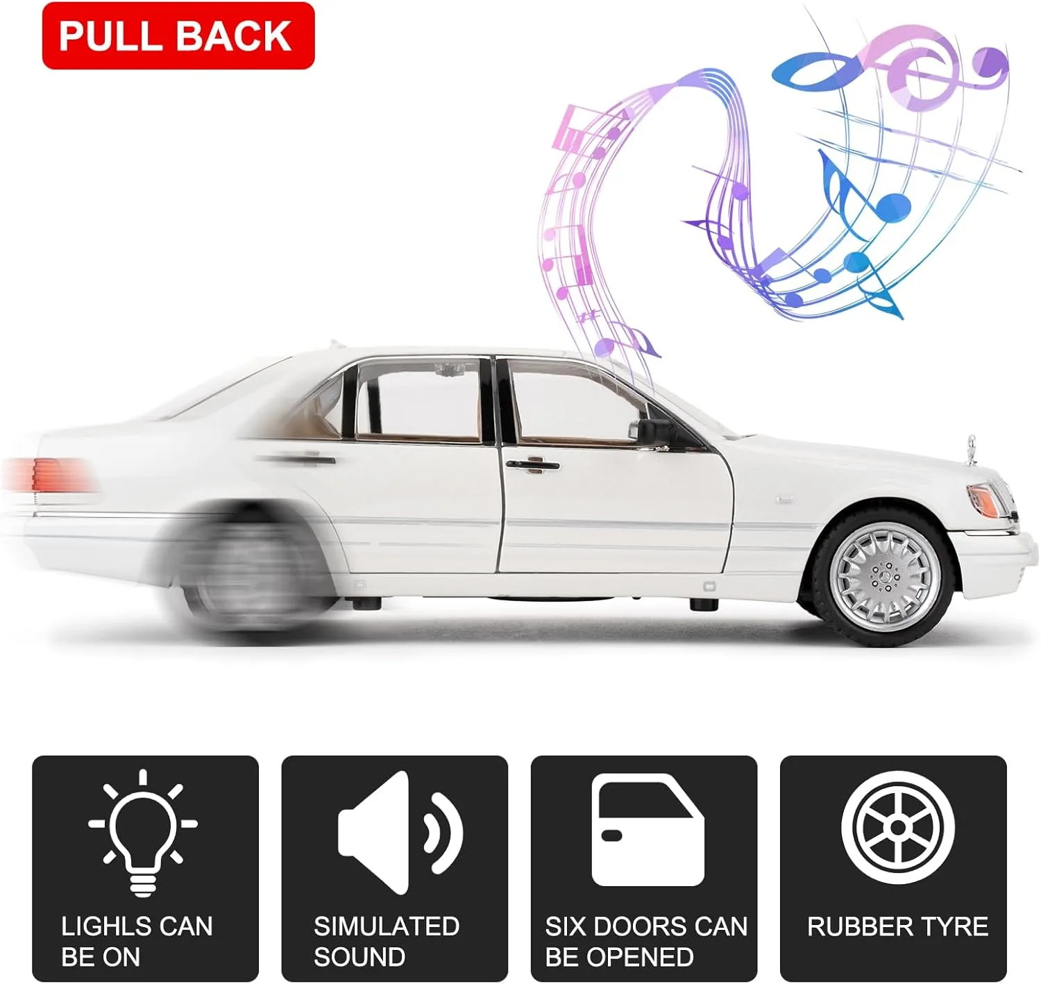 BDTCTK Compatible for 1:24 Benz W140 S320 Model Car, Diecast Collectible Pull Back Toy Car, Retro Classic Car with Sound and Light for Adults Kids Boys Girls, Gift White