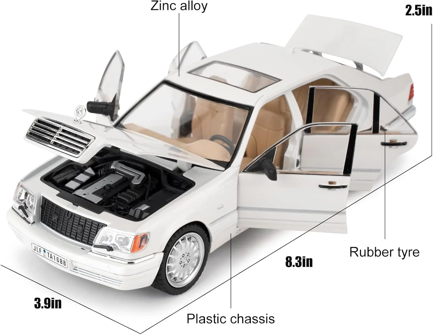 BDTCTK Compatible for 1:24 Benz W140 S320 Model Car, Diecast Collectible Pull Back Toy Car, Retro Classic Car with Sound and Light for Adults Kids Boys Girls, Gift White
