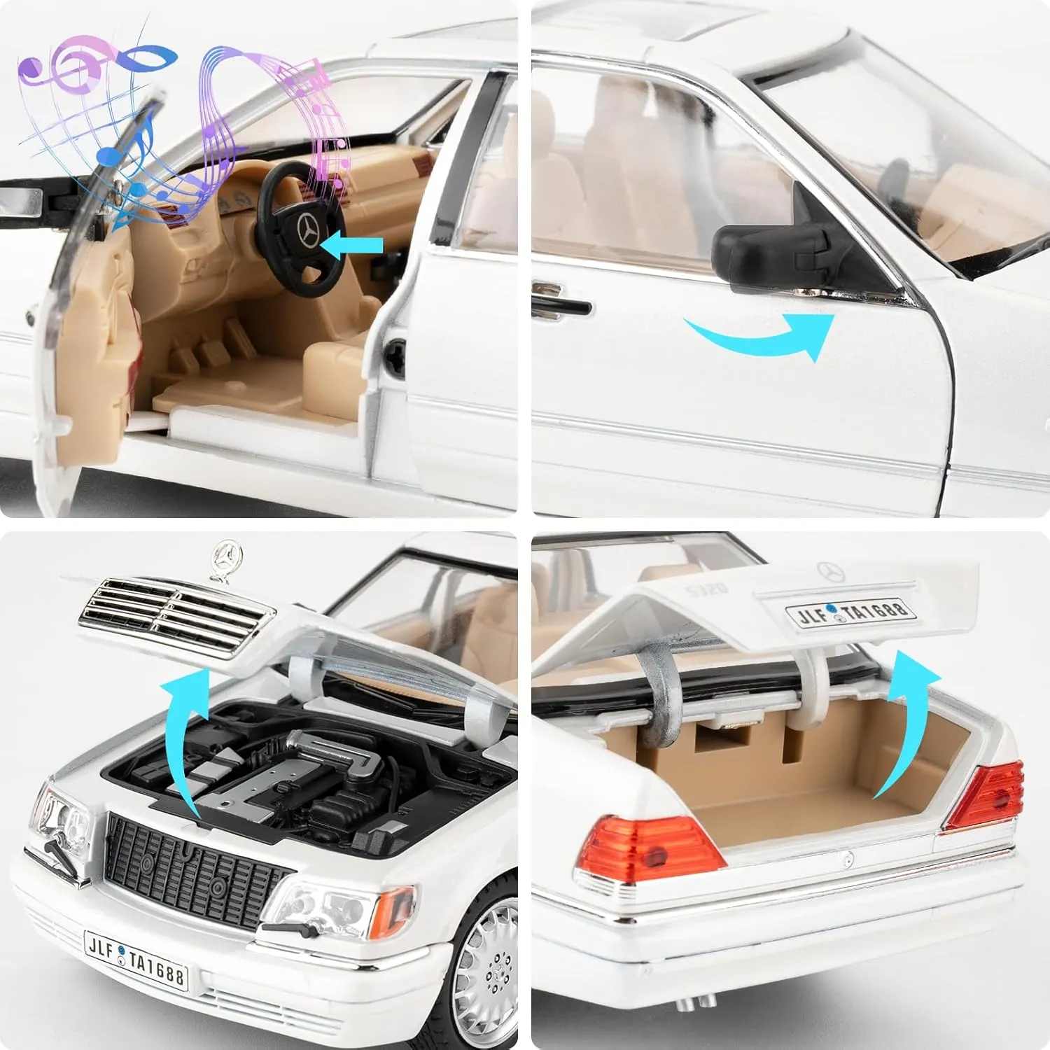 BDTCTK Compatible for 1:24 Benz W140 S320 Model Car, Diecast Collectible Pull Back Toy Car, Retro Classic Car with Sound and Light for Adults Kids Boys Girls, Gift White