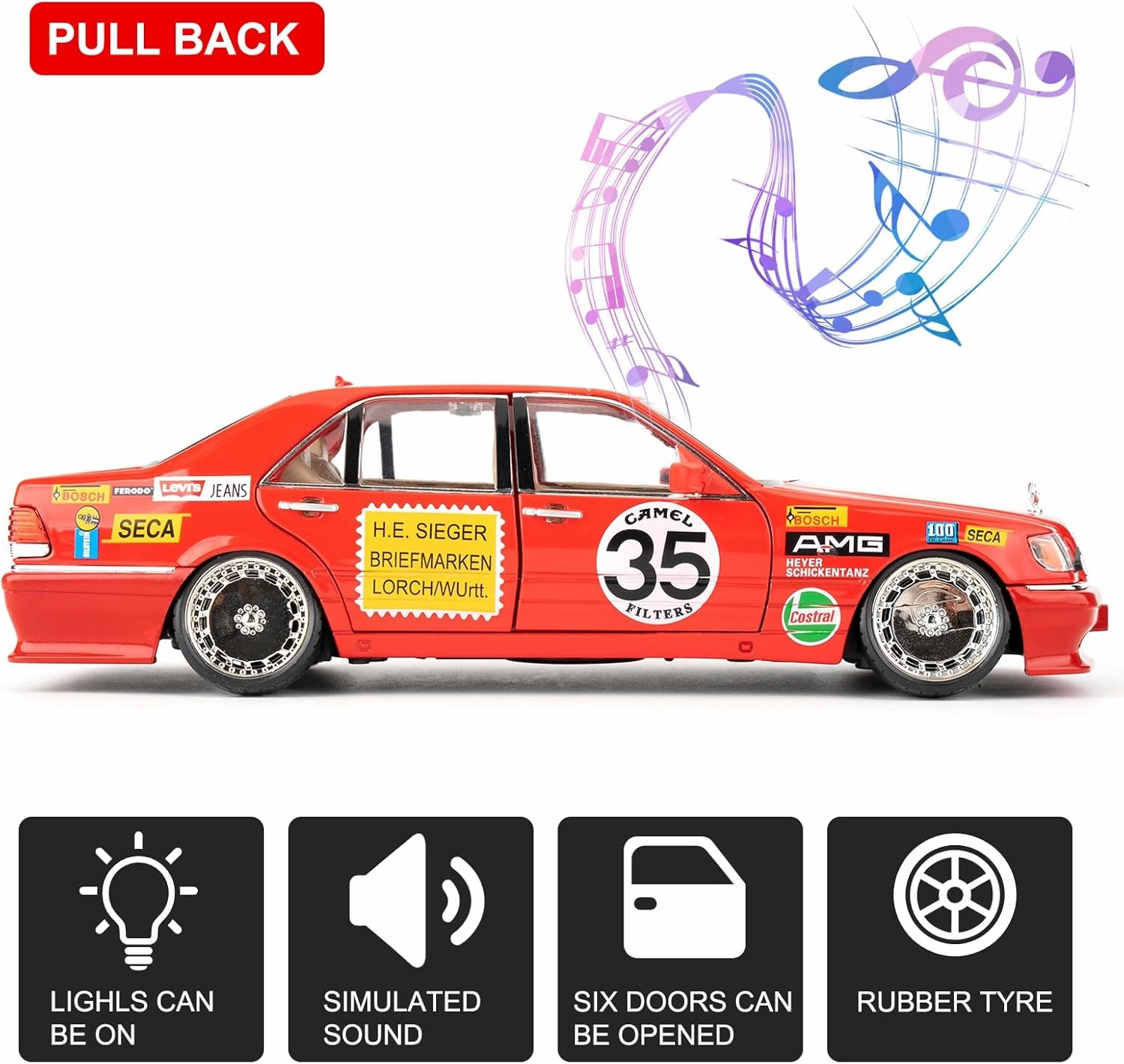 BDTCTK Compatible for 1:24 Benz W140 S320 Model Car, Diecast Collectible Pull Back Toy Car, Retro Classic Car with Sound and Light for Adults Kids Boys Girls, Gift Red