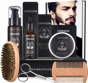 Beard Growth Kit, 6-in1 Beard Grooming Set with Beard Wash Shampoo, Oil, Balm, Brush, Comb, Scissors, Birthday/Valentines Gift for Boyfriend, Husband, Dad