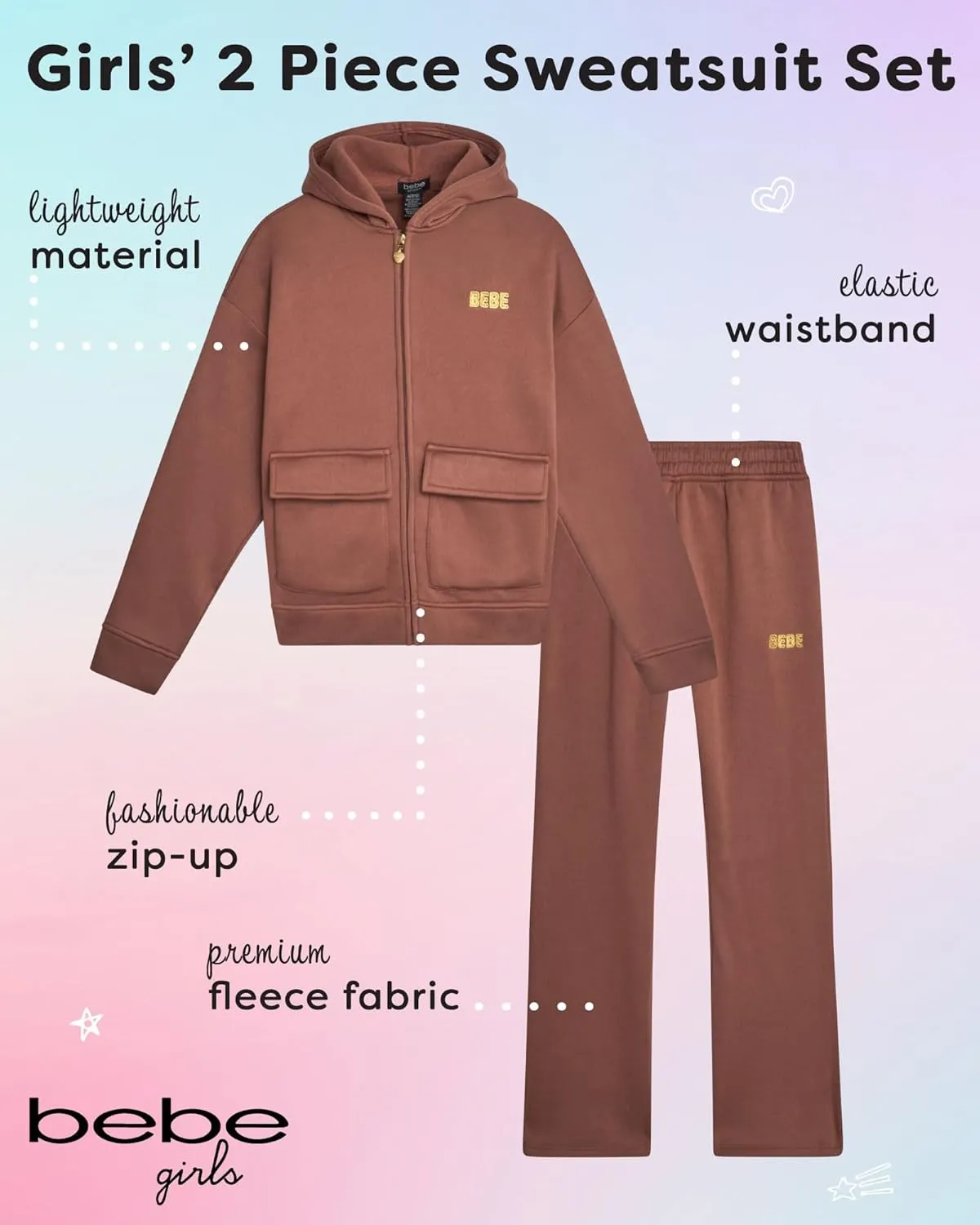 bebe Girls' Sweatsuit Set - 2 Piece Soft Fleece Full Zip Up Hoodie and Cargo Pants Set for Girls (7-12)
