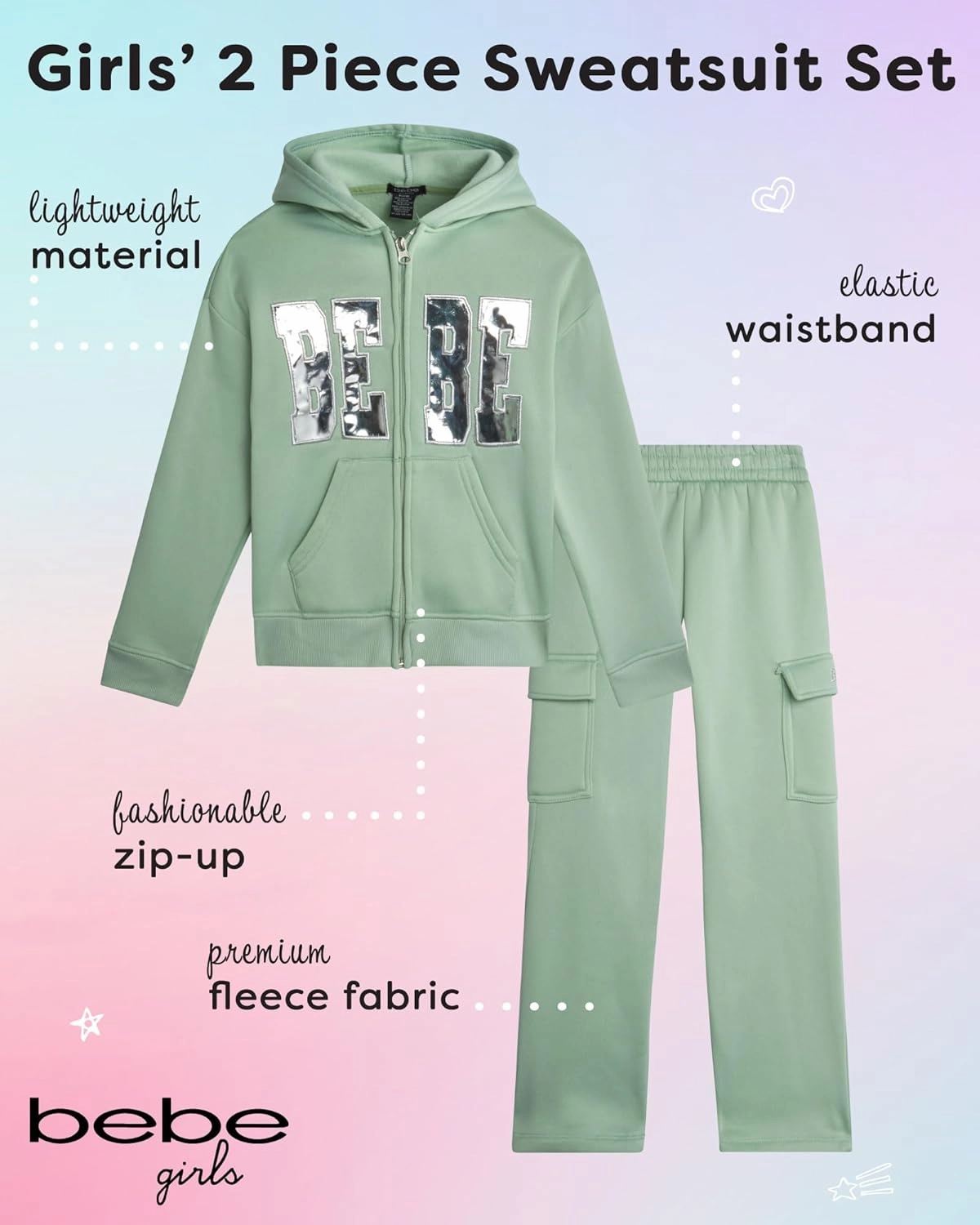bebe Girls' Sweatsuit Set - 2 Piece Soft Fleece Full Zip Up Hoodie and Cargo Pants Set for Girls (7-12)