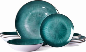 Bestone 12 Piece Round Kitchen Dinnerware Set,Plates and Bowls sets,Dishes, Dish Set，Plates and Bowls,Service for 4, Chip Resistant Porcelain，Starburst Green