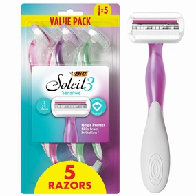 BIC Soleil Sensitive Women's Disposable Razors, 3 Blades With Moisture Strip For a Silky Smooth Shave, 5 Piece Razor Set
