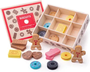 Bigjigs Toys Wooden Box of Biscuits Play Food - 9 Assorted Wooden Play Food Biscuits, Quality Toy Food for Toddlers & Children, Perfect Kids Wooden Kitchen Accessories for Tea Parties