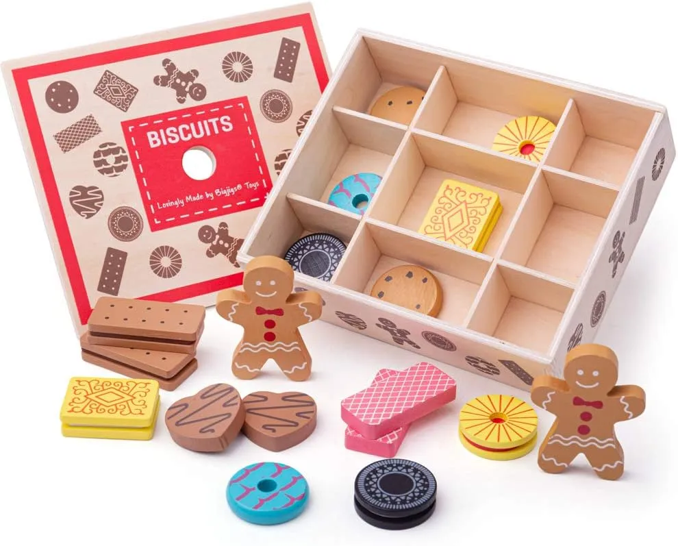 Bigjigs Toys Wooden Box of Biscuits Play Food - 9 Assorted Wooden Play Food Biscuits, Quality Toy Food for Toddlers & Children, Perfect Kids Wooden Kitchen Accessories for Tea Parties