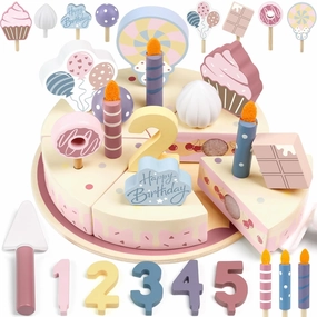 Birthday Party Cake Play Food Sets for Toddler 1-3 Birthday Gift for Boys Girls Kitchen Accessories Pretend Wooden Toy Kids 3 4 5 6 Party Play Educational Toys