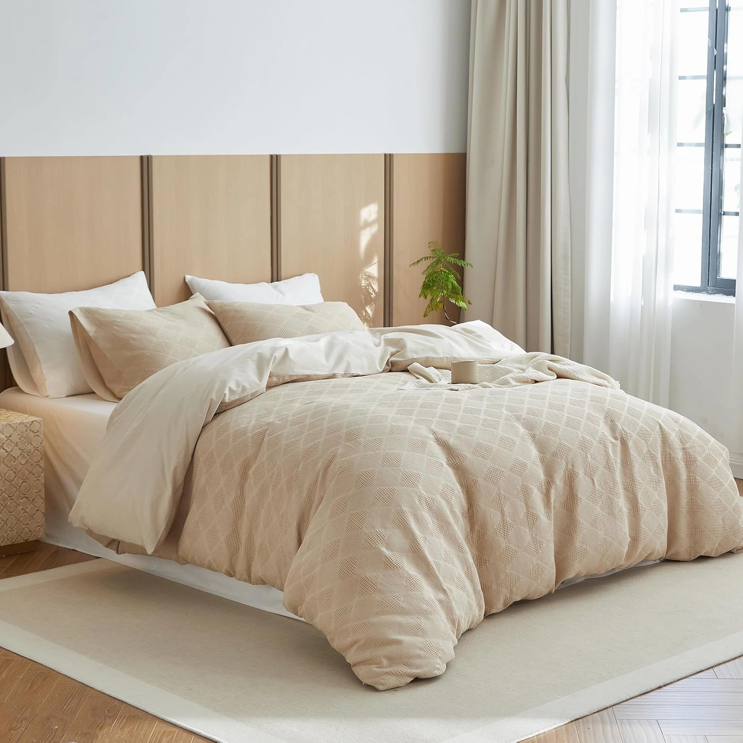 BISELINA 100% Cotton Waffle Weave Duvet Cover Set Full Size 3 Pieces (1 Duvet Cover 78"x86", 2 Pillowcases) Soft Breathable Durable Chic Bedding Set for All Season - Khaki, Full Size