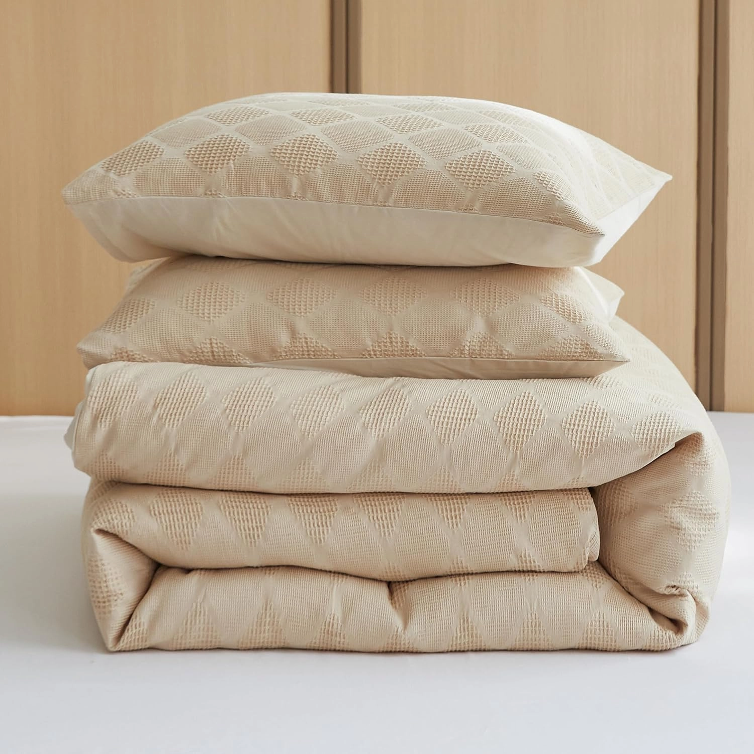 BISELINA 100% Cotton Waffle Weave Duvet Cover Set Full Size 3 Pieces (1 Duvet Cover 78"x86", 2 Pillowcases) Soft Breathable Durable Chic Bedding Set for All Season - Khaki, Full Size