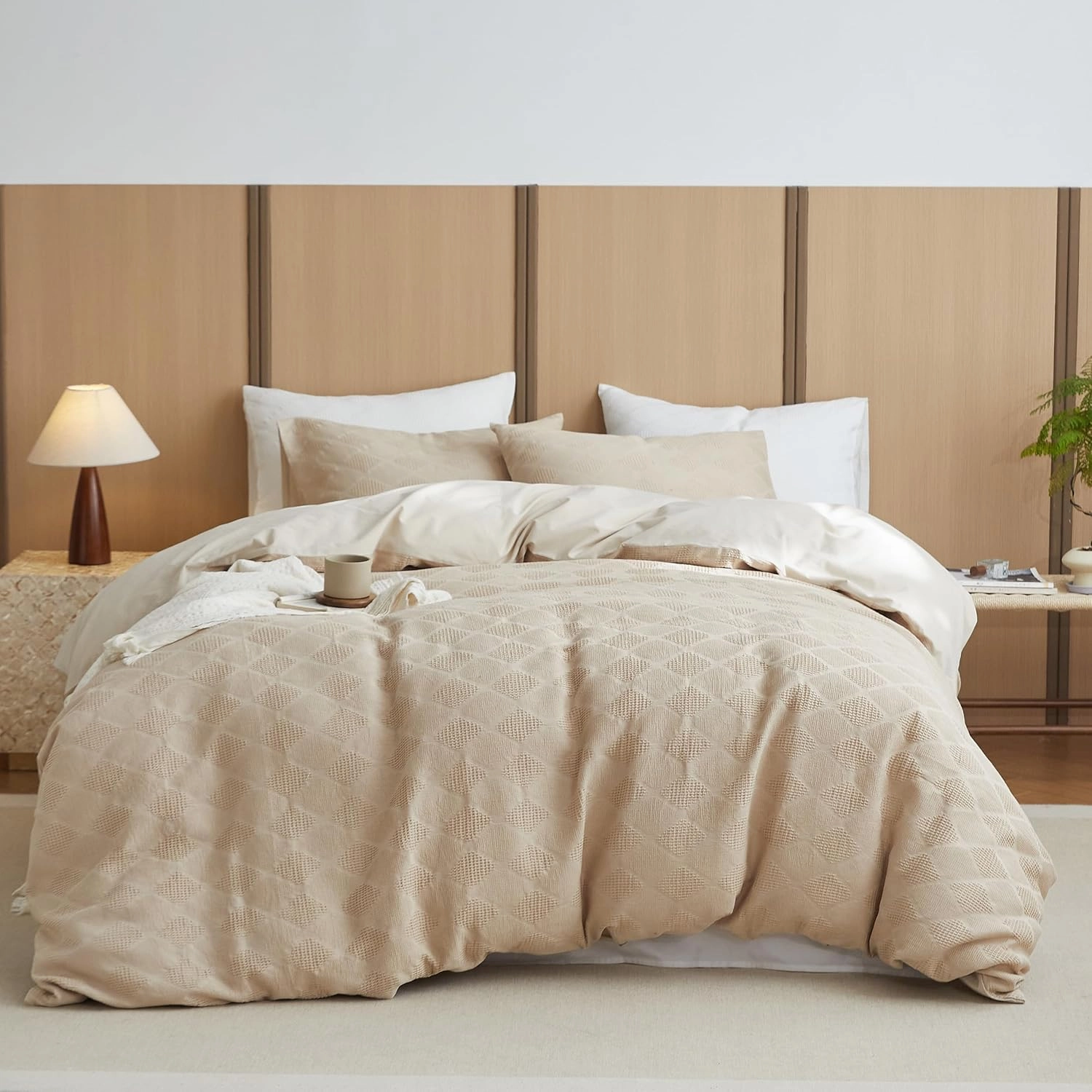 BISELINA 100% Cotton Waffle Weave Duvet Cover Set Full Size 3 Pieces (1 Duvet Cover 78"x86", 2 Pillowcases) Soft Breathable Durable Chic Bedding Set for All Season - Khaki, Full Size