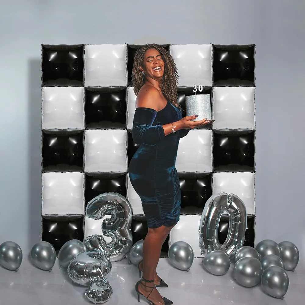 Black White Square Balloon Wall Tunnel Backdrop Checkered Racing Car Birthday Decoration, 25 Pack Metallic Square Balloons Wall Tunnel Arch Kit Birthday Wedding Baby Shower Party Background Decoration