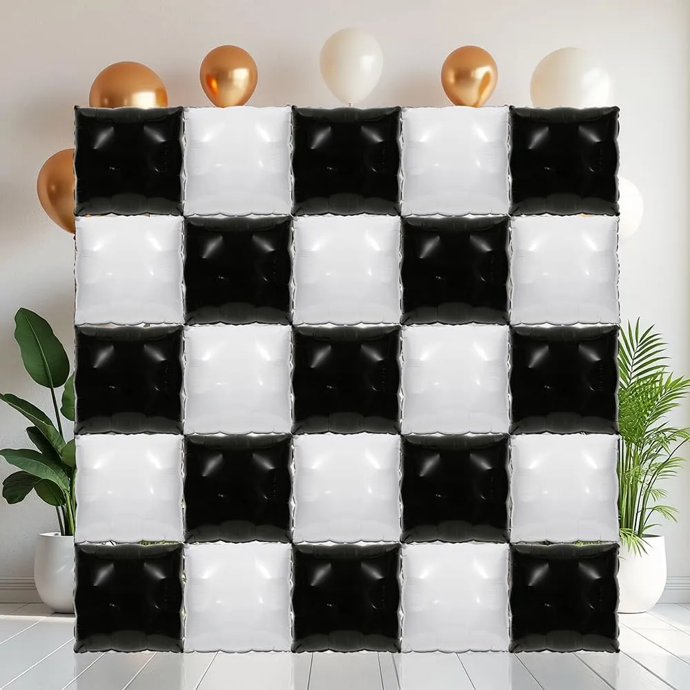 Black White Square Balloon Wall Tunnel Backdrop Checkered Racing Car Birthday Decoration, 25 Pack Metallic Square Balloons Wall Tunnel Arch Kit Birthday Wedding Baby Shower Party Background Decoration