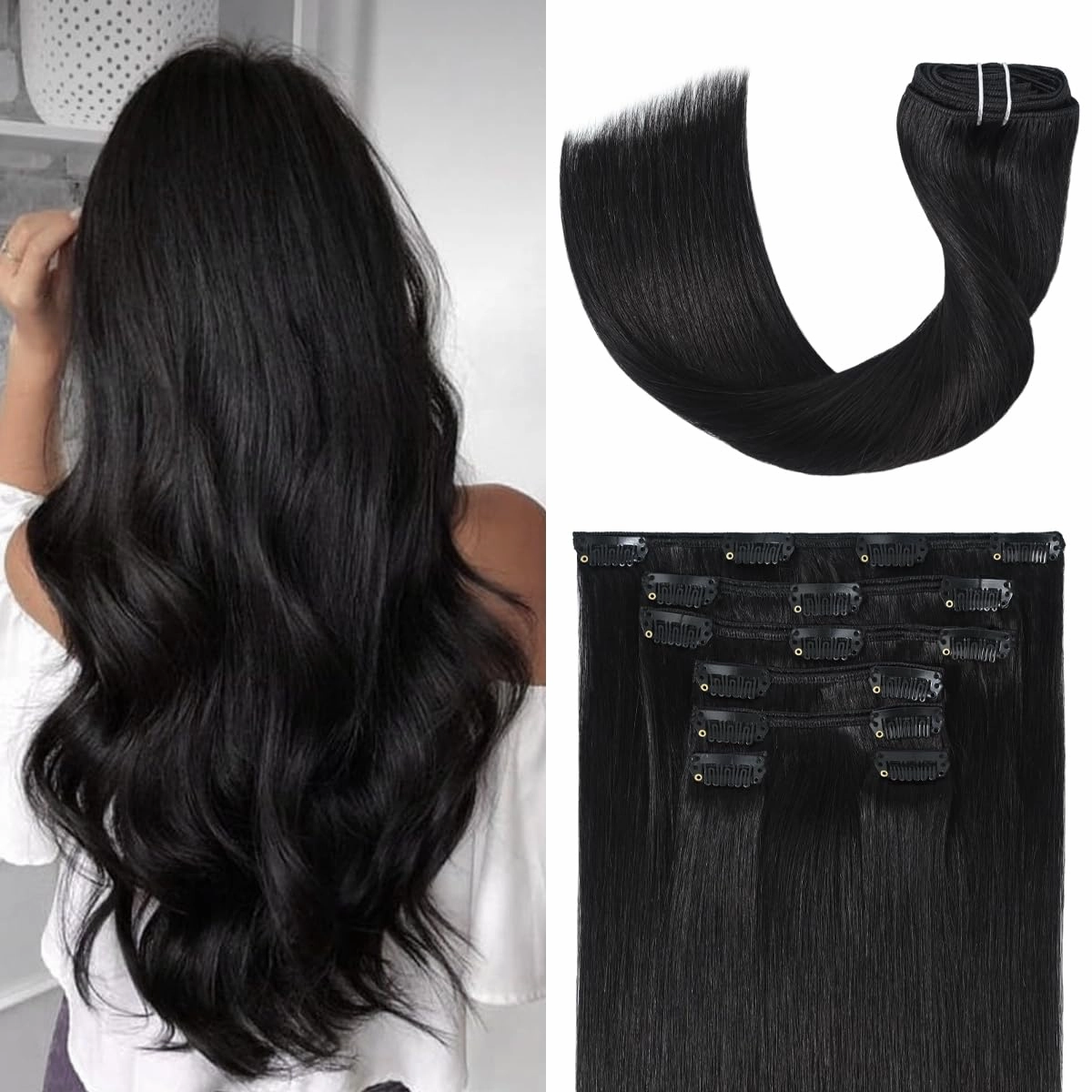 Black Hair Extensions Clip in Real Human Hair 70g 22 Inches 100% Remy Human Hair Natural Black Straight Double Weft for Full Head 7pcs 16clips One Pack