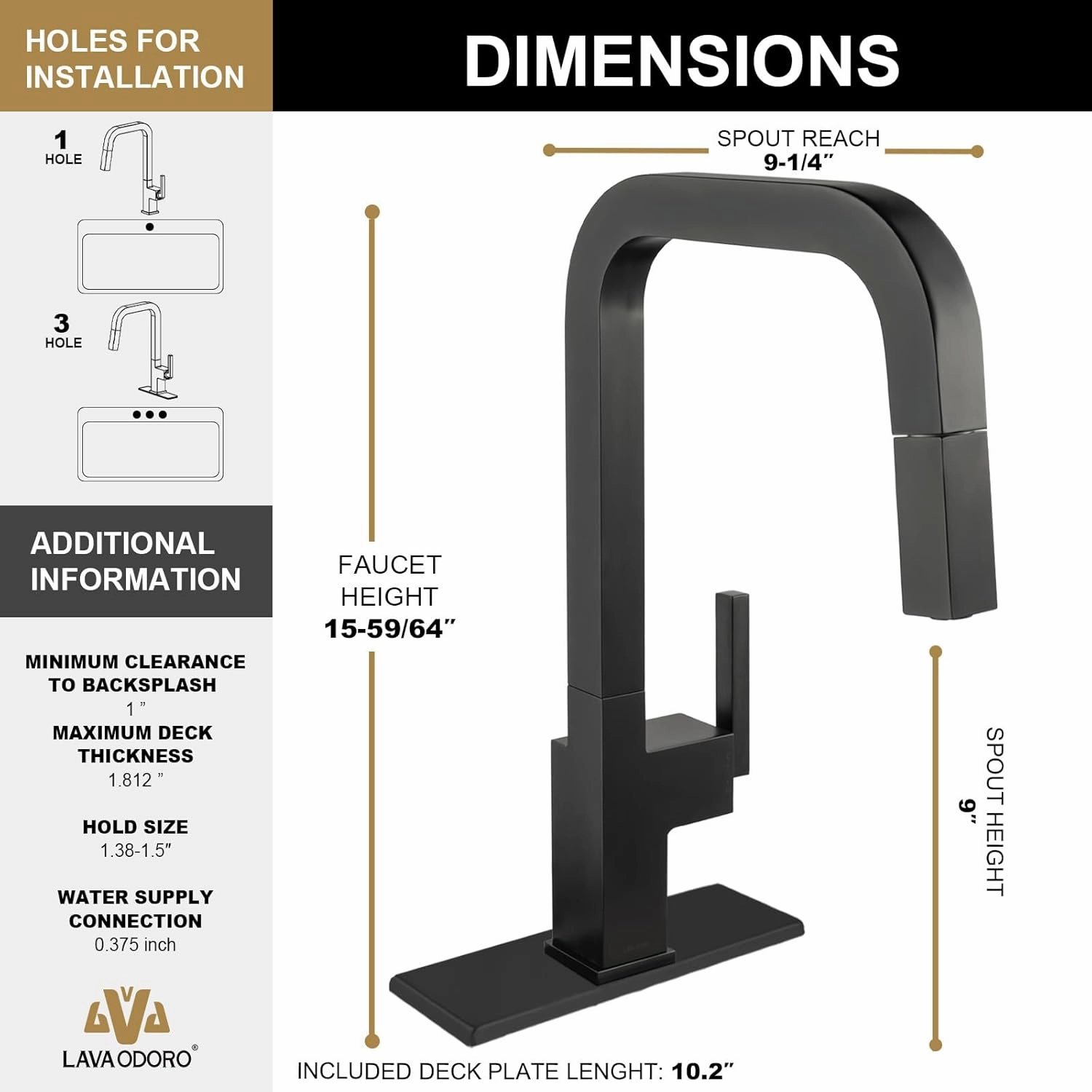 Black Kitchen Faucet, Lava Odoro Kitchen Faucets with Pull Down Sprayer, Matte Black Faucet for Kitchen Sink 1 Hole or 3 Holes with Magnetic Docking Spray Head and Deck Plate, KF182-MB