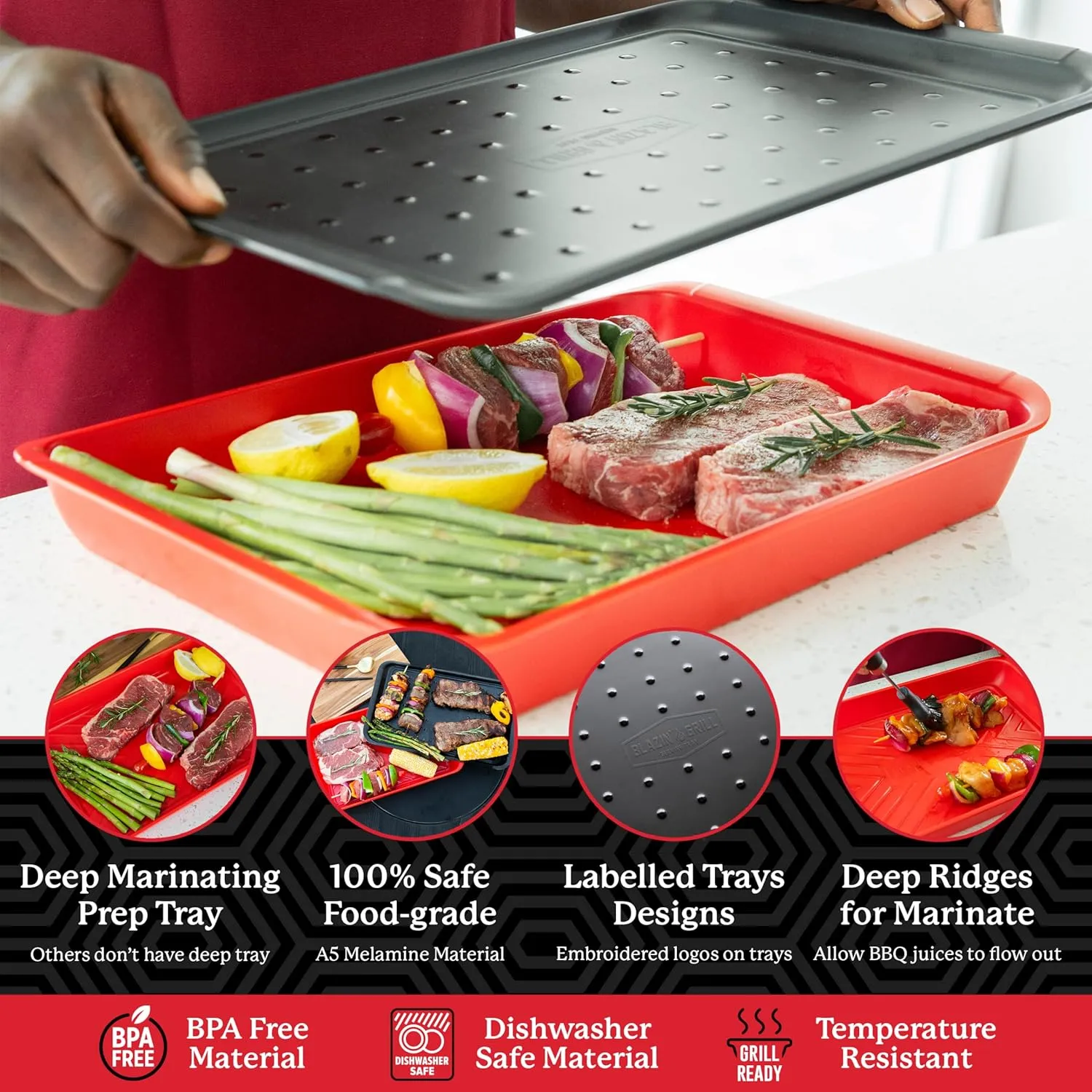 BLAZIN' GRILL Prep and Serve Trays | Set of 2 Stackable, Melamine Trays | Serving Tray & Marinating Tray | Serving Platter for Plating Food & BBQ Prep Tub for Marinating Meats | Grill Accessories |