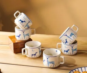 Blue Deer Design Ceramic Cups - Set of 6
