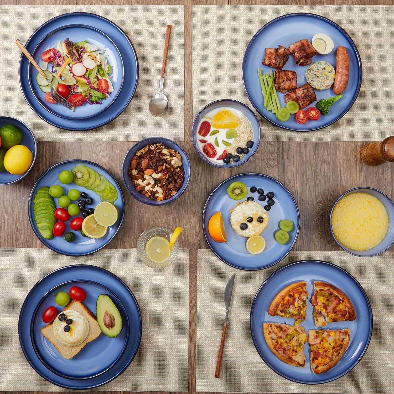 Blue Stoneware Dinnerware Set, 12 pcs Reactive Glaze Plates and Bowls Sets, Handmade Round Dishes Set for 4, Highly Chip and Crack Resistant Modern Plate Set