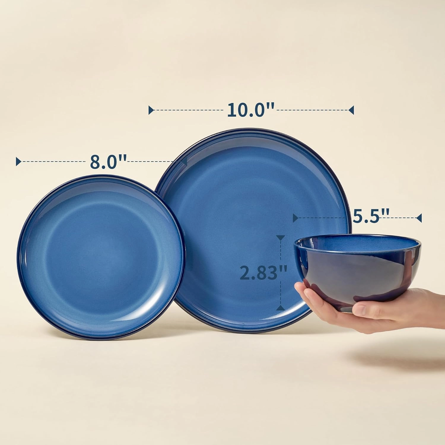 Blue Stoneware Dinnerware Set, 12 pcs Reactive Glaze Plates and Bowls Sets, Handmade Round Dishes Set for 4, Highly Chip and Crack Resistant Modern Plate Set