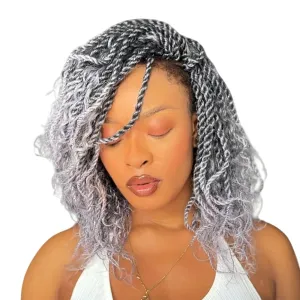 Boho Twist Crochet Hair 12 Inch, 8 Packs Wavy Senegalese Twist Crochet Hair with Curly Ends, Ombre Gray Pre-Looped Pre-Twisted Island Style Goddess Passion Braids (120 Strands, T Grey)