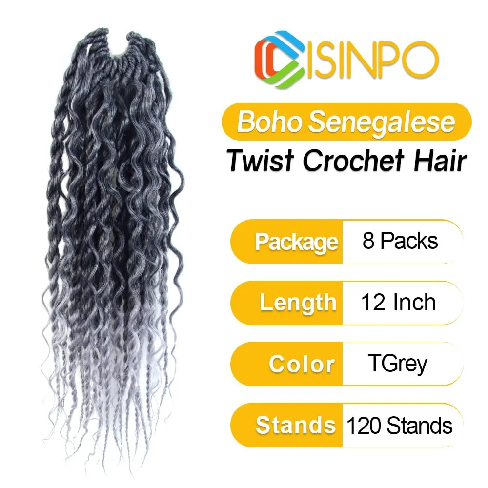 Boho Twist Crochet Hair 12 Inch, 8 Packs Wavy Senegalese Twist Crochet Hair with Curly Ends, Ombre Gray Pre-Looped Pre-Twisted Island Style Goddess Passion Braids (120 Strands, T Grey)