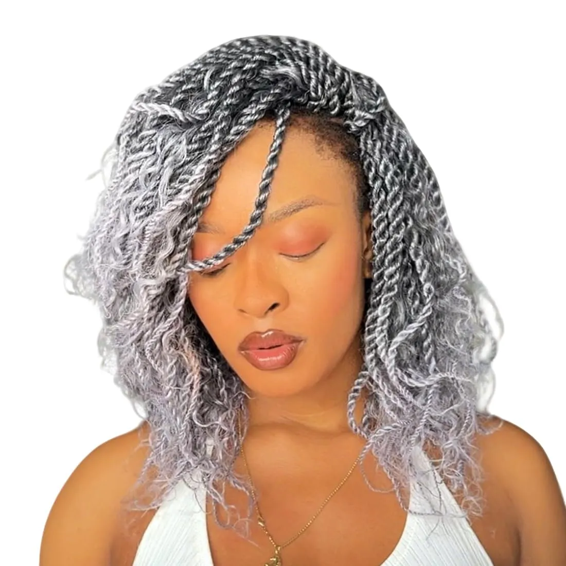 Boho Twist Crochet Hair 12 Inch, 8 Packs Wavy Senegalese Twist Crochet Hair with Curly Ends, Ombre Gray Pre-Looped Pre-Twisted Island Style Goddess Passion Braids (120 Strands, T Grey)