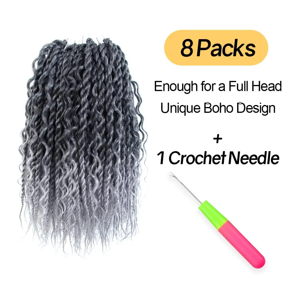 Boho Twist Crochet Hair 12 Inch, 8 Packs Wavy Senegalese Twist Crochet Hair with Curly Ends, Ombre Gray Pre-Looped Pre-Twisted Island Style Goddess Passion Braids (120 Strands, T Grey)