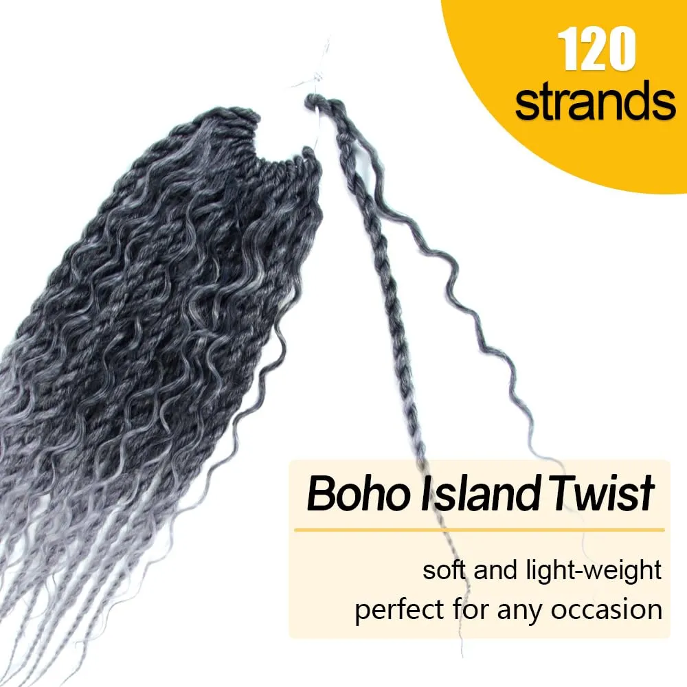 Boho Twist Crochet Hair 12 Inch, 8 Packs Wavy Senegalese Twist Crochet Hair with Curly Ends, Ombre Gray Pre-Looped Pre-Twisted Island Style Goddess Passion Braids (120 Strands, T Grey)