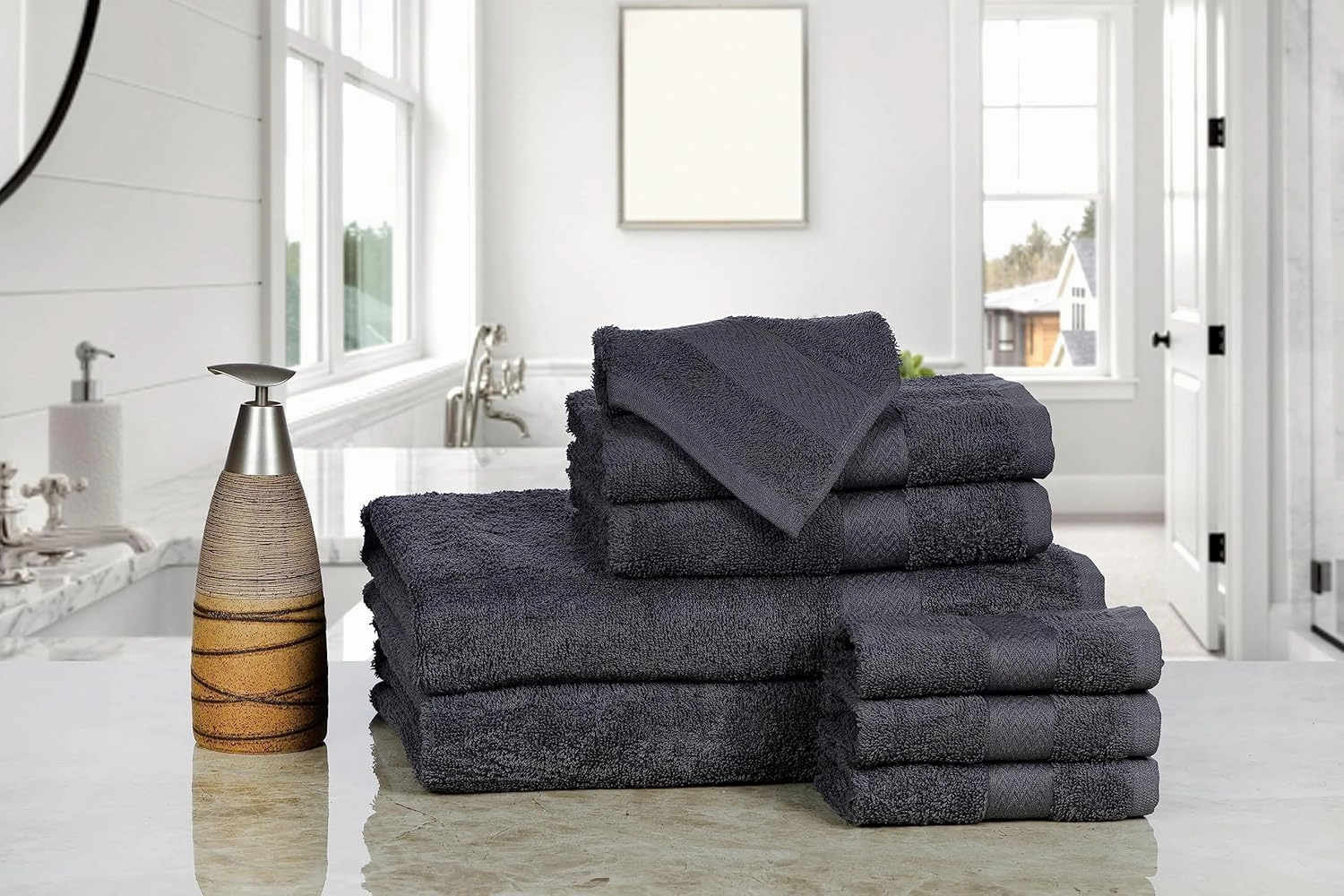 BolBom*S 8 Piece Towel Set-Ultra Soft 100% Pure Cotton 2 Large Grey Bath Towels 28x56, 2 Hand Towels for Bathroom 16x26, 4 Wash Cloths12x12, Bath Towels Ideal for Everyday Use, Hotel & Spa- Grey