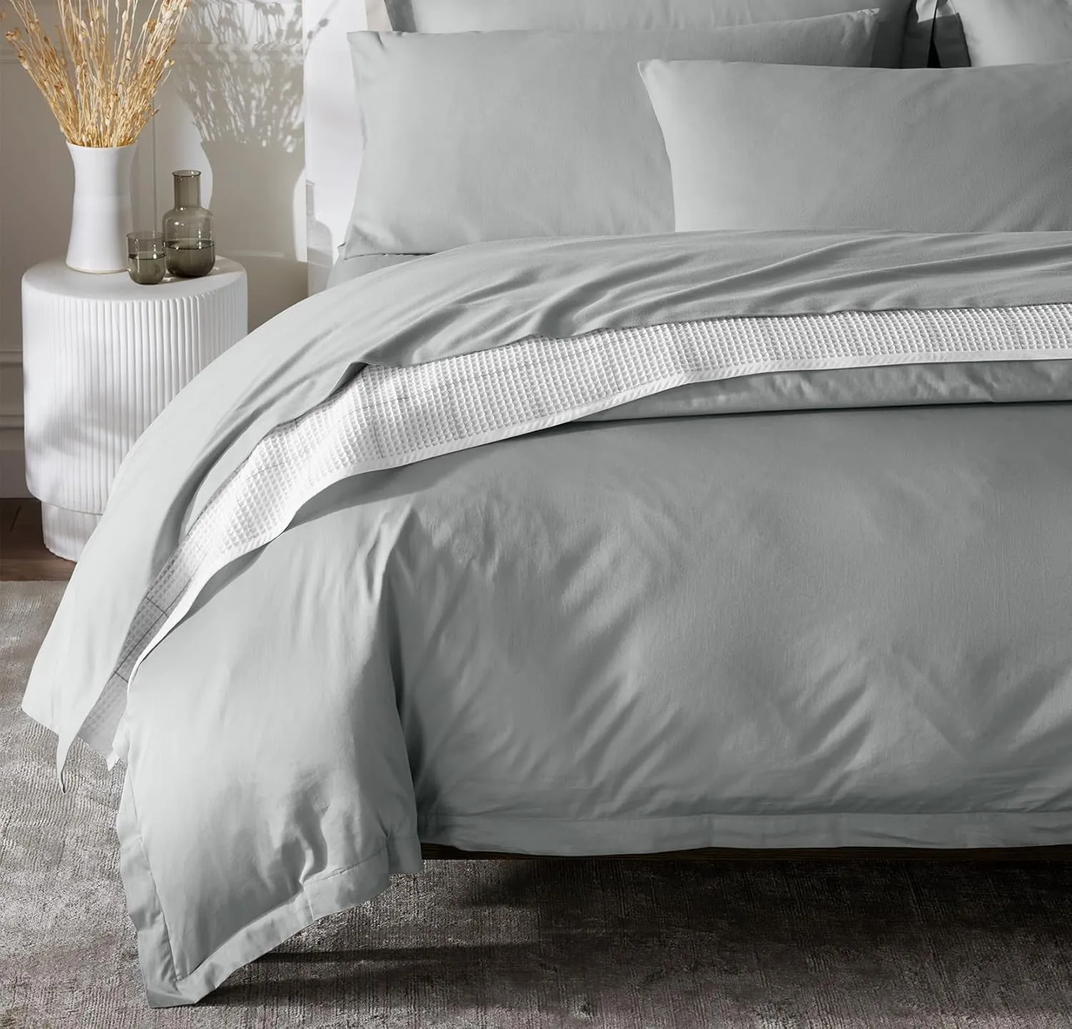 BOLL & BRANCH Percale Hemmed Duvet Set - King/Cal King, Shore - Luxury 100% Organic Cotton - 1 Duvet Cover, 2 Shams - Crisp, Naturally Cooling Weave