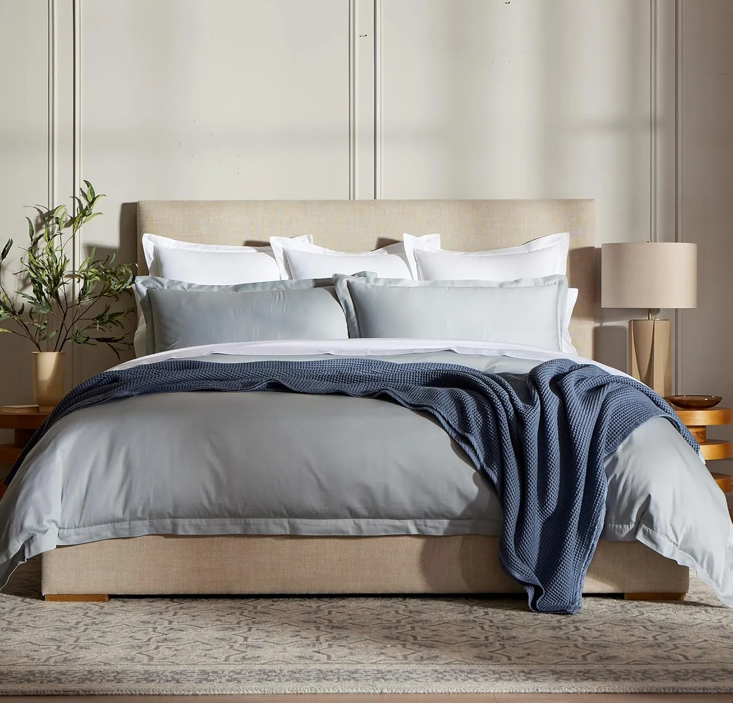 BOLL & BRANCH Percale Hemmed Duvet Set - King/Cal King, Shore - Luxury 100% Organic Cotton - 1 Duvet Cover, 2 Shams - Crisp, Naturally Cooling Weave