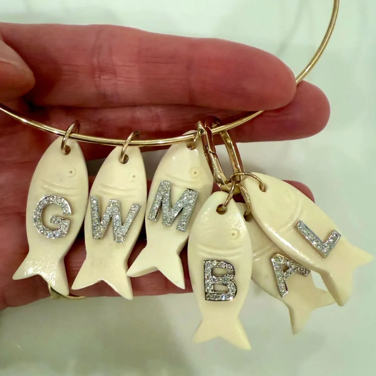 Bone Fish Pendant with Diamond Letter