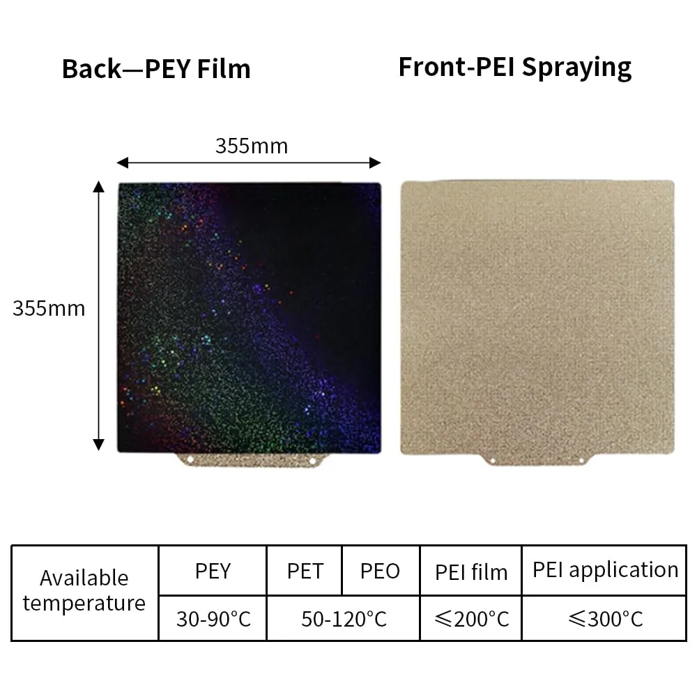 BORDSTRACT Double-Sided Build Plate, PEI Texture   PEY Color Film Spring Steel Flexible Plate 355x355mm Without Soft Magnetic Base for Most Models of 3D Printer Platforms