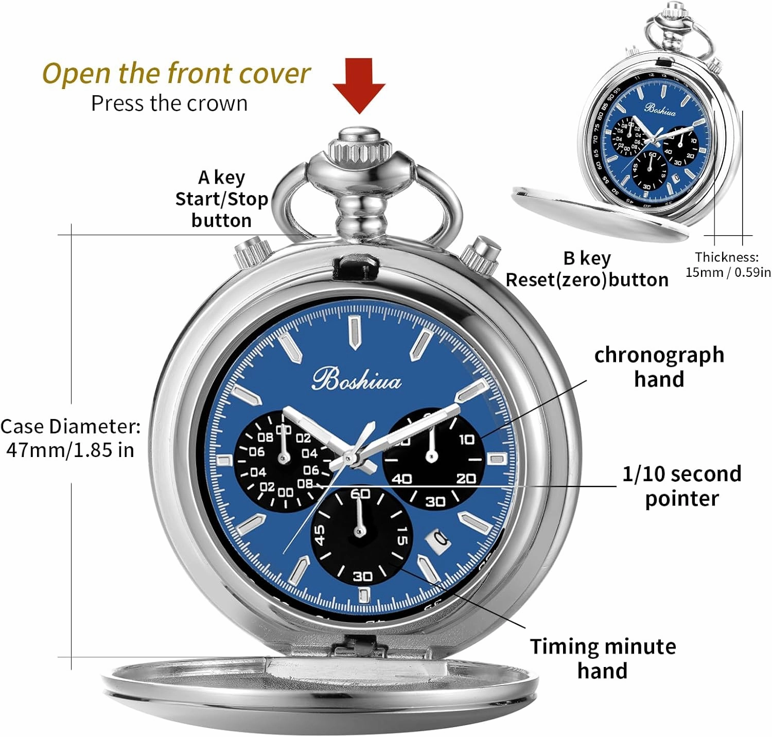 BOSHIYA Smooth Quartz Pocket Watches for Men Multifunctional Chronograph Classic Vintage Mens Womens Pocket Watch with Chain Christmas Graduation Birthday Gifts Fathers Day