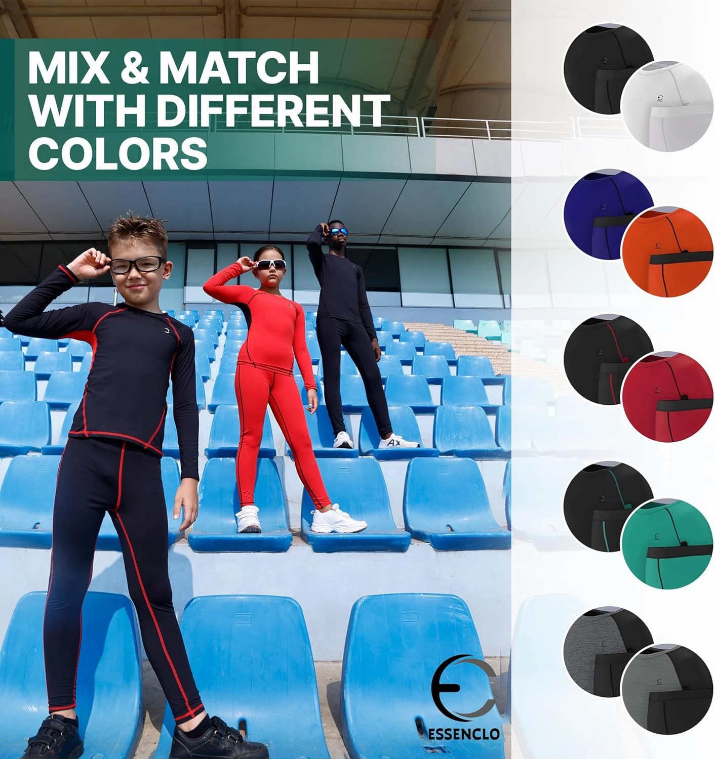 Boys Compression Pants and Youth Athletic Shirts Set 4 Piece Base Layer Gear for Kids Sports, Football, Soccer